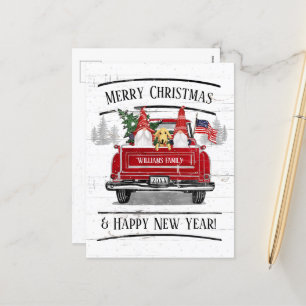 Cartão Postal De Festividades Vintage Red Truck Gnomo Dog Patriótico Natal