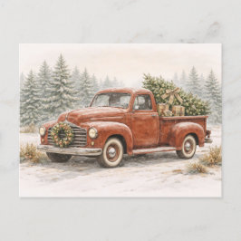 Cartão Postal De Festividades Vintage Red Watercolor Christmas Truck with Tree