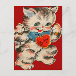 Cartão Postal De Festividades Vintage Retro Kitten Com Placa De Namorados Cardía