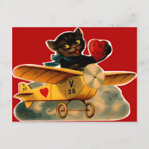 Cartão Postal De Festividades Vintage Retro Kitten Em Namorados De Avião