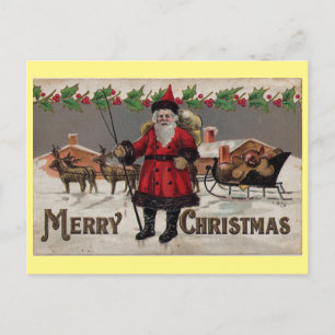 Cartão Postal De Festividades Vintage Retro Papais noeis Natal e Reindeer Sleigh