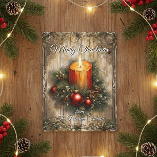 Cartão Postal De Festividades Vintage Rustic Candle Wreath Wood Grain Natal