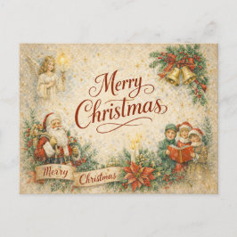 Cartão Postal De Festividades Vintage Santa Angel and Carolers Merry Christmas
