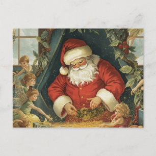 Cartão Postal De Festividades Vintage Santa Claus com Magia e Fadas
