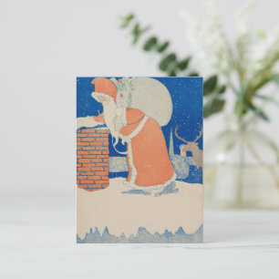 Cartão Postal De Festividades Vintage Santa Claus na Ilustração de Chimney