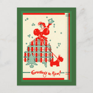 Cartão Postal De Festividades Vintage Scottie Dog e Lady