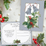 Cartão Postal De Festividades Vintage Silver Bells e Holly<br><div class="desc">Ilustração antiga de Natal elegante,  com dois sinos prateados em fita cor-de-rosa com spray festivo de vintage holly. A parte traseira apresenta gráficos complementares e campos de texto editáveis. A cor de fundo é editável.</div>