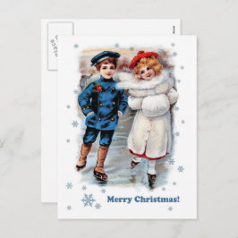 Cartão Postal De Festividades Vintage Skating Kids Natal