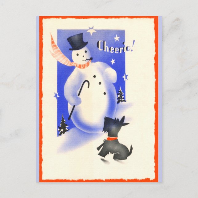 Cartão Postal De Festividades Vintage Snowman e Puppy (Frente)
