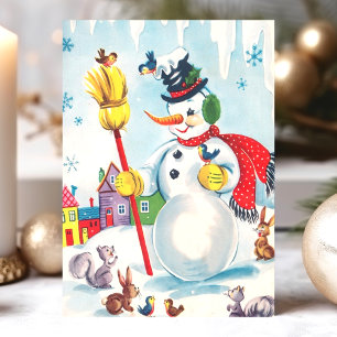 Cartão Postal De Festividades Vintage Snowman e Woodland Animal Cute Retro