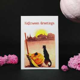 Cartão Postal De Festividades Vintage Sunset Black cat Pumpkin Halloween