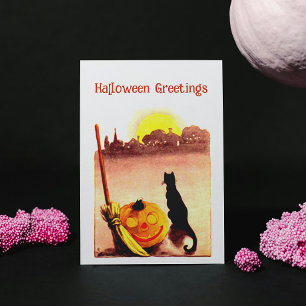 Cartão Postal De Festividades Vintage Sunset Black cat Pumpkin Halloween