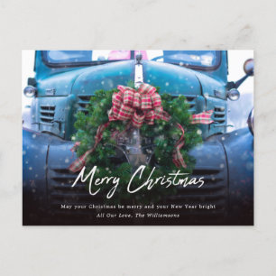 Cartão Postal De Festividades Vintage Teal Truck Com Wreath Feliz Natal Ho