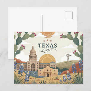 Cartão Postal De Festividades Vintage Texas State Austin Capitol Alamo e Blueb