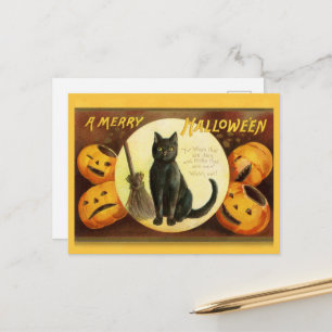 Cartão Postal De Festividades Vintage Uma Feliz De Gato Negro De Halloween