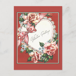Cartão Postal De Festividades Vintage Valentine With Pink Roses Bow and Heart