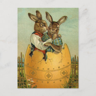 Cartão Postal De Festividades Vintage Victorian Easter Bunnies em um Ovo Dourado