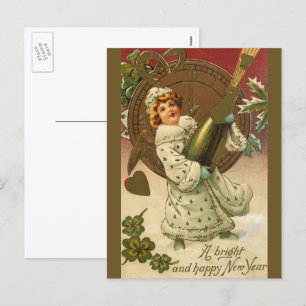 Cartão Postal De Festividades Vintage Victorian Véspera de ano novo Champagne A