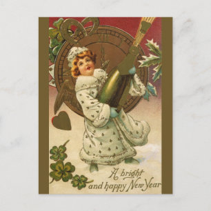 Cartão Postal De Festividades Vintage Victorian Véspera de ano novo Champagne A