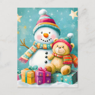 Cartão Postal De Festividades Vintage Watercolor Bear Snowman Alegria de Natal