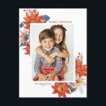 Cartão Postal De Festividades Vintage Winter Botanicals Feliz Foto de Natal<br><div class="desc">Feliz Natal! Envie seus Cartões de natal para a família e amigos com este cartão postal de Natal botânico personalizável. Apresenta buquê floral de cor d'água de flores de inverno laranja, amarela e rosa. Personalize adicionando uma foto, nomes, ano e outros detalhes. Este cartão-postal de Natal com fotografia floral de...</div>
