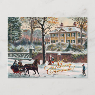 Cartão Postal De Festividades Vintage Winter Street Merry Christmas