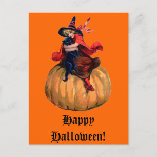 Cartão Postal De Festividades Vintage Witold e Black Cat Halloween Card