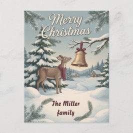 Cartão Postal De Festividades Vintage Woodland Deer & Christmas Bell Custom