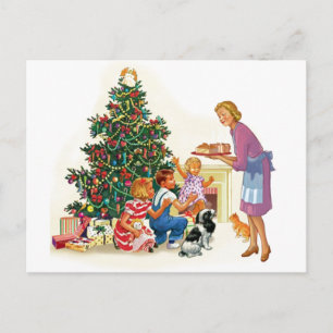 Cartão Postal De Festividades Vintage Xmas Mãe e Crianças