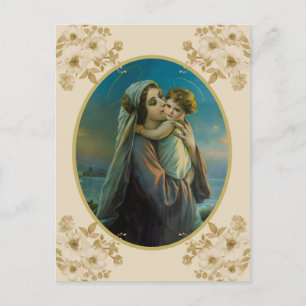 Cartão Postal De Festividades Virgem Maria e Jesus Bebê com Rosas