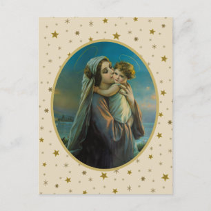 Cartão Postal De Festividades Virgem Maria e Jesus Bebê no Fundo Estrelado