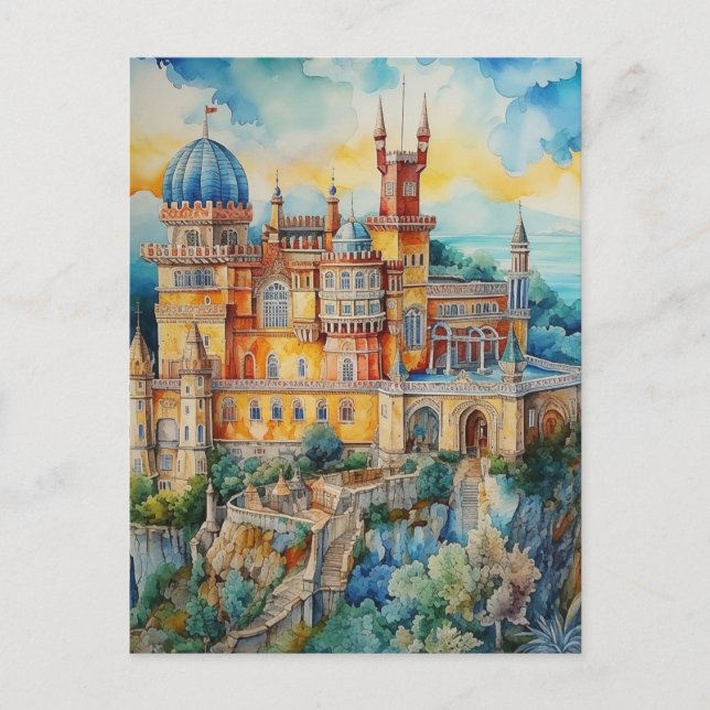 Cartão Postal De Festividades Visão Majestosa do Palácio Pena em Sintra, Portuga (Frente)