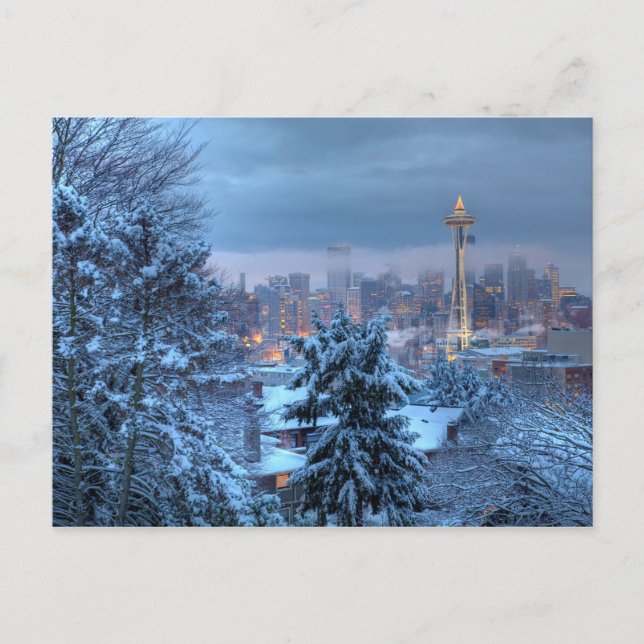 Cartão Postal De Festividades Vista Cênnica de Snowy Seattle (Frente)
