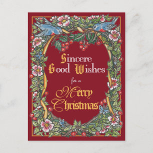 Cartão Postal De Festividades Vitoriano Pássaro Elegante Holly Burgundy