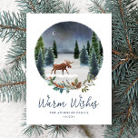 Cartão Postal De Festividades Warm Woodland Moose Winter Scene Non-Photo<br><div class="desc">Cartaz de Natal elegante com uma cena noturna de inverno a aquarela na frente completa com um céu estrelado, belos pinheiros, um alce e neve no chão. Airelas Holly, cones de pínus e folhagem de inverno acenam a cena circular de inverno. "Desejos quentes" é exibido em um script azul escuro...</div>