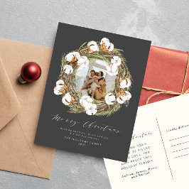 Cartão Postal De Festividades Watercolor Boho Christmas Cotton Wreath One Photo