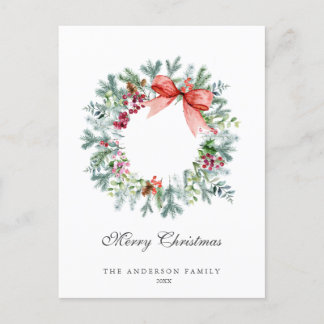 Cartão Postal De Festividades Watercolor Evergreen e Holly Berries Wreath
