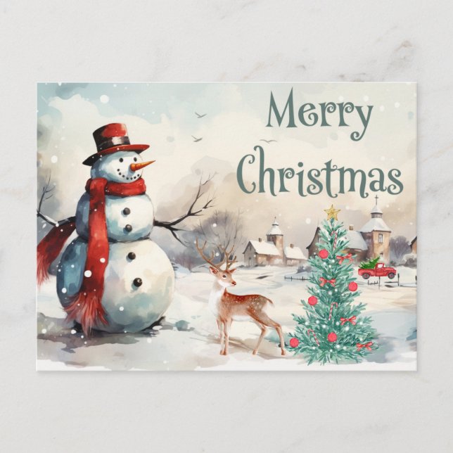 Cartão Postal De Festividades Watercolor Felry Christmas Snowman (Frente)
