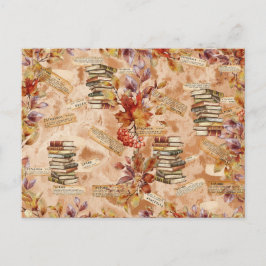 Cartão Postal De Festividades Watercolor Floral Book Lover Autumn