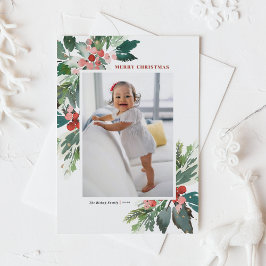 Cartão Postal De Festividades Watercolor Hollies Faux Gold Foil Christmas