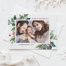 Cartão Postal De Festividades Watercolor Hollies Faux Gold Foto Botânica