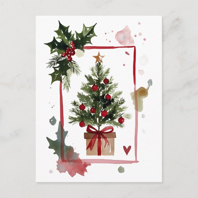 Cartão Postal De Festividades Watercolor Holly Berries Christmas Tree Holiday (Frente)