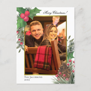 Cartão Postal De Festividades Watercolor Holly Berries Pine Cone & Greens Foto