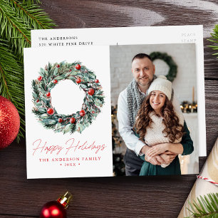 Cartão Postal De Festividades Watercolor Holly Berry & Greenery Wreath 2 Foto