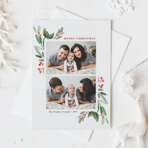 Cartão Postal De Festividades Watercolor Holly Greenery Dois Foto Natal