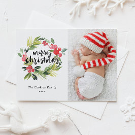 Cartão Postal De Festividades Watercolor Holly Wreath Feliz Foto de Natal