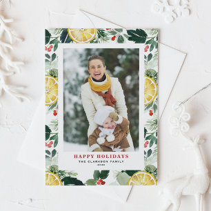 Cartão Postal De Festividades Watercolor Lemon e Winter Greenery Foto