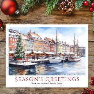 Cartão Postal De Festividades Watercolor Nyhavn Copenhagen Dinamarca Natal