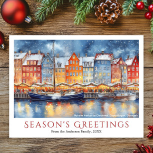 Cartão Postal De Festividades Watercolor Nyhavn Viagem de Natal de Copenhagen