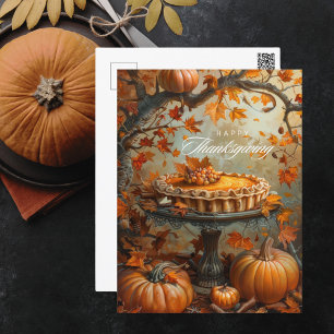 Cartão Postal De Festividades Watercolor Pumpkin Pie Autumn Deixa Ação de Graças